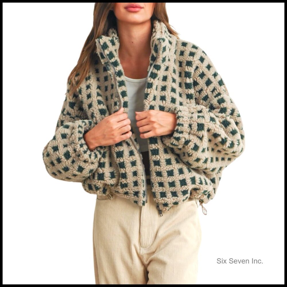Long Sleeve Cropped Sherpa Fleece Plaid Jacket Oversized Chunky Teddy Outerwear